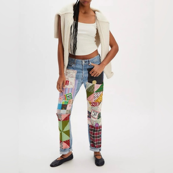 Free People Colorful Patchwork Straight Leg Jeans - Picture 3 of 16